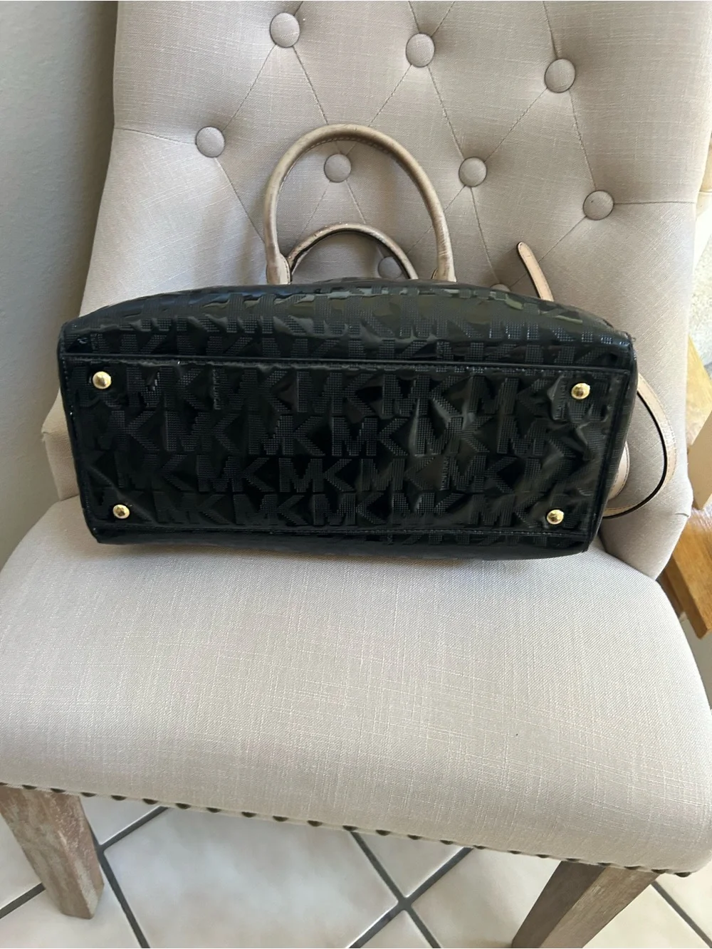 Michael Kors Black Patent Satchel with Beige Trim and MK Charm